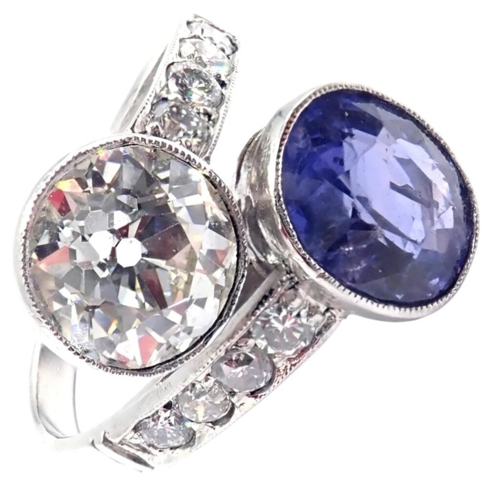 Vintage Estate Platinum Diamond Sapphire Art Deco Crossover Ring
